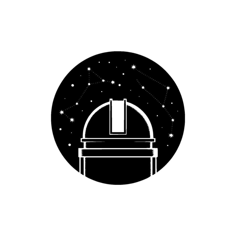A stylized of a domed observatory with constellations in the starry night sky depicted within a circular frame vector
