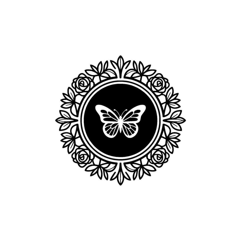 A minimalist illustration of a stylized butterfly emblem featuring intricate floral scrollwork and rose elements enclosed within a circular frame vector