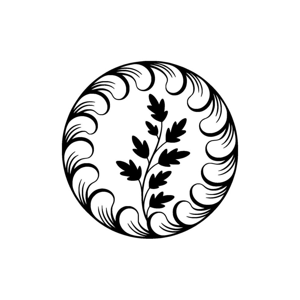 A minimalist silhouette of a delicate branching leafy stem is artfully enclosed within a circular decorative border featuring flowing organic scrollwork patterns vector