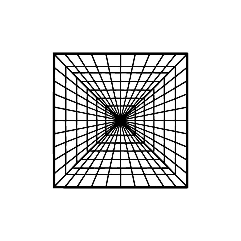 Abstract geometric wireframe tunnel illusion with concentric squares and converging grid lines creating a sense of depth vector