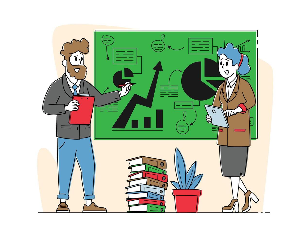 Office Scene with Business Characters. Seminar, Trainer Giving Financial Consultation Stand at Chalkboard with Data vector