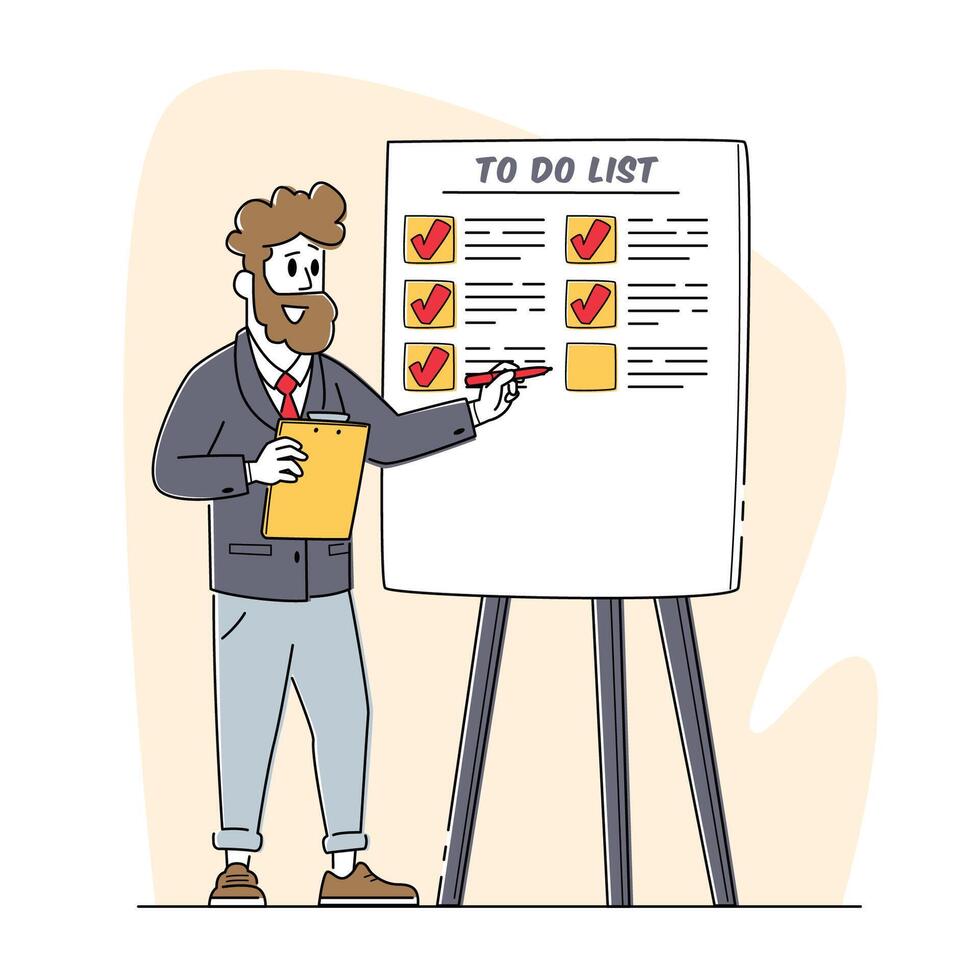 Business Meeting in Office, Presentation. Male Coach Point on To Do List on Flip Board Explain Basics of Time Management vector
