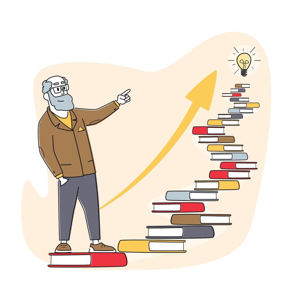 Self Development, Developing Mental Issues, Ladder to Success. Male Character Climb at Books Stairs with Bulb on Top. vector