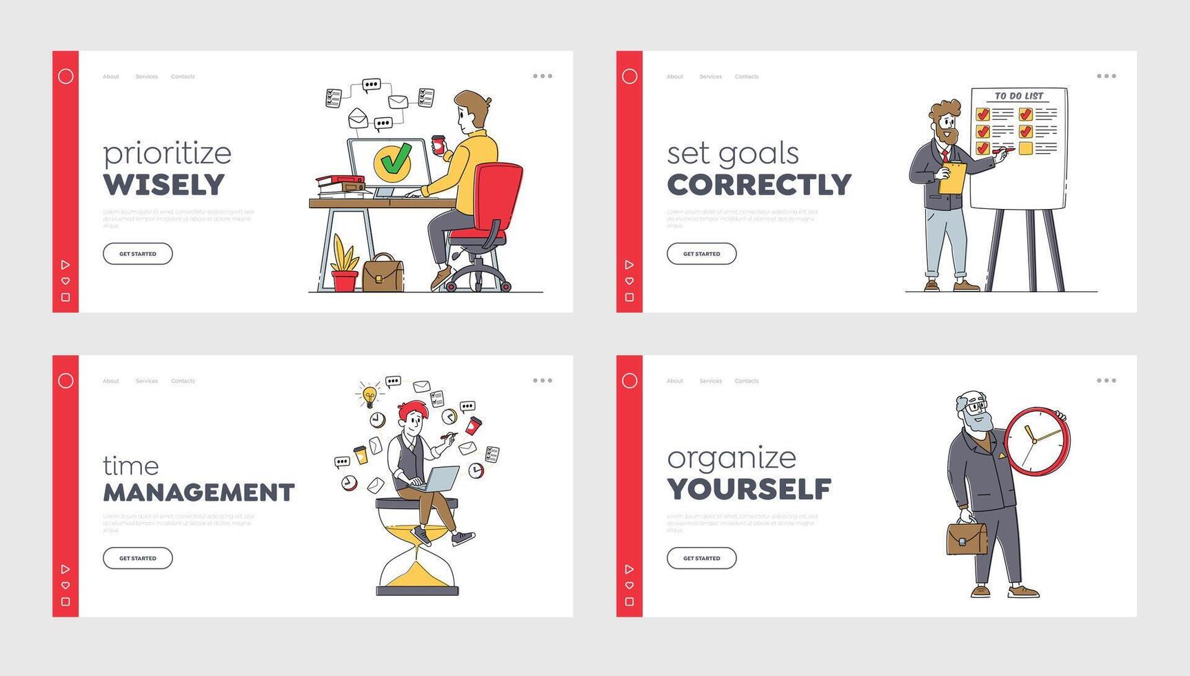 Business Characters Time Management Landing Page Template Set. People with Huge Clock, Business Working Process vector
