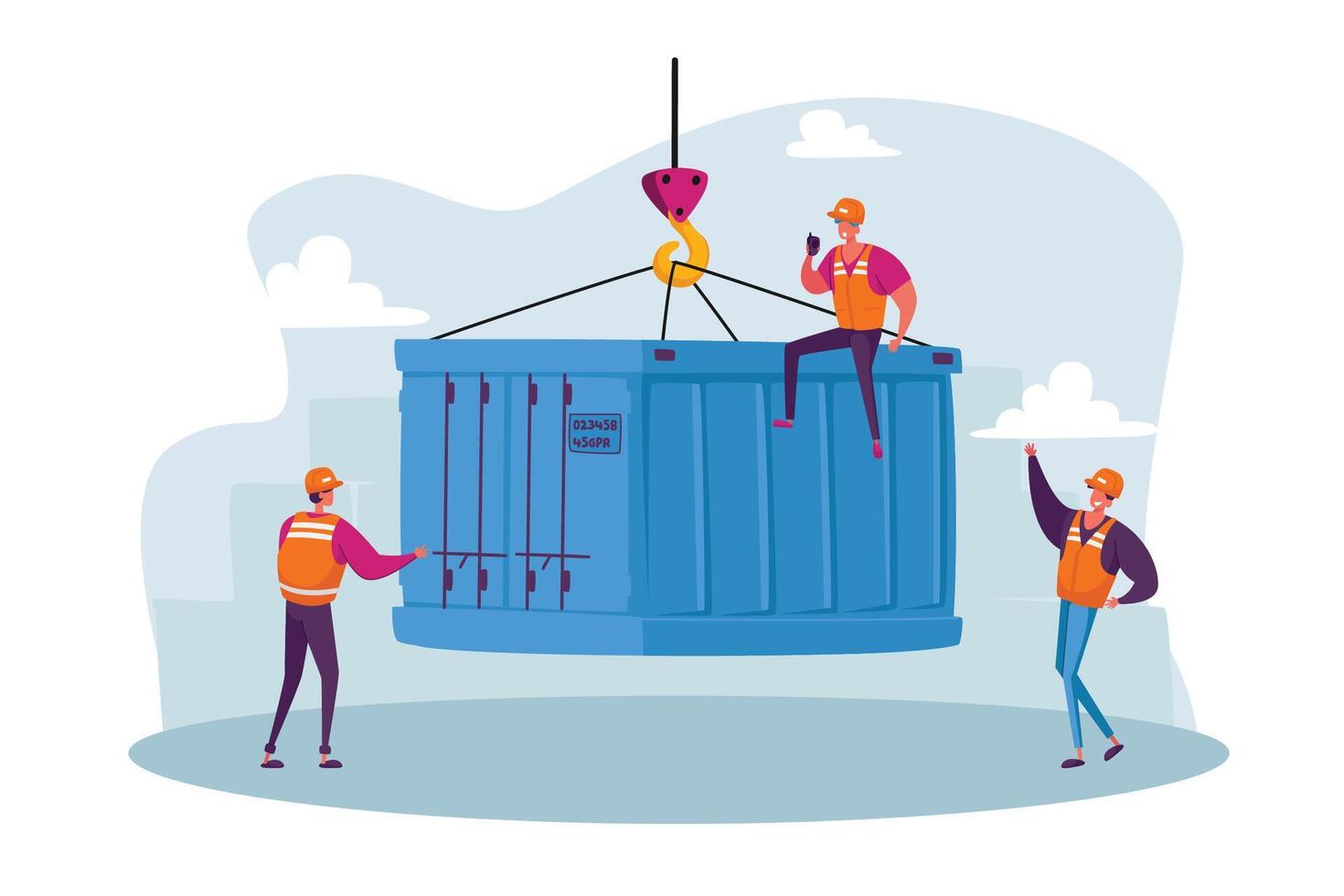 Foremen Characters in Seaport Loading Container Box from Cargo Ship Isolated on White Background. Import Export Logistic vector