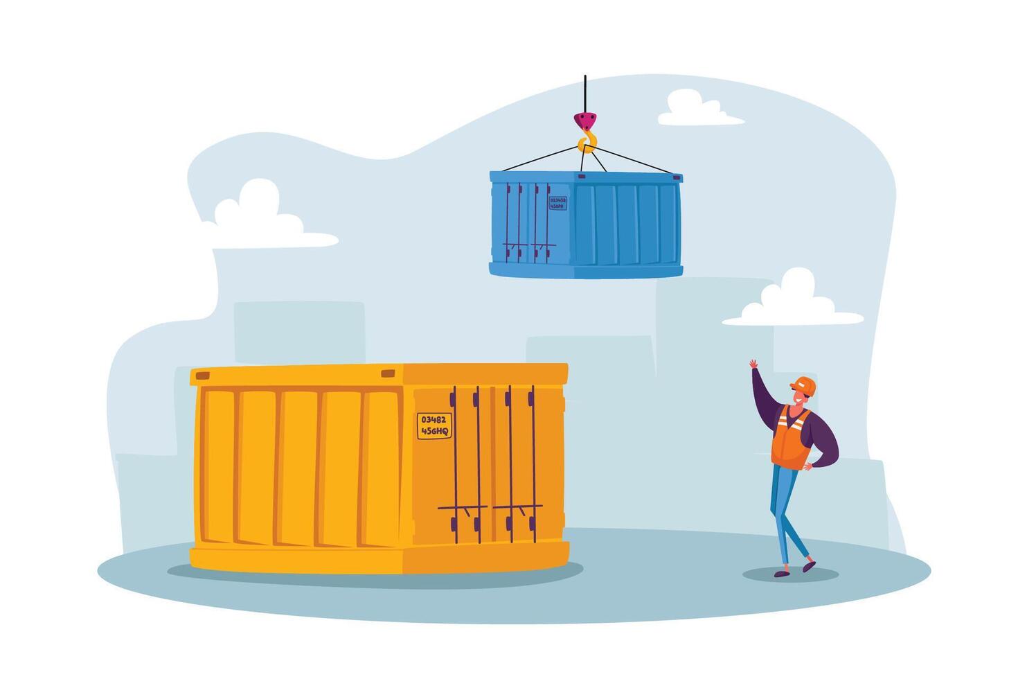 Male Worker in Seaport. Freight Forwarder Working on Container Terminal Harbor. Engineer Loading Containers at Port vector