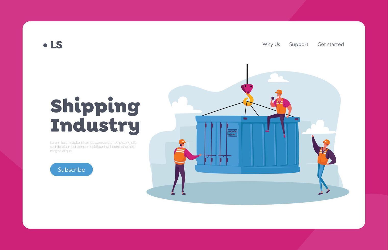 Import Export Maritime Logistics Landing Page Template. Foremen Characters in Seaport Loading Heavy Container Box vector