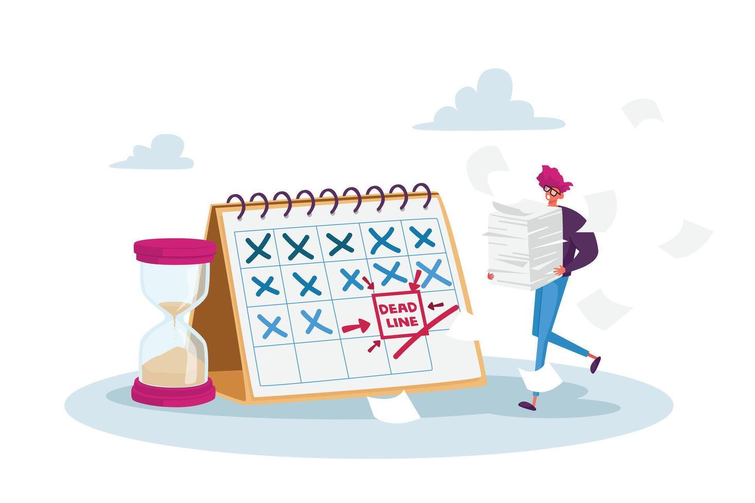 Deadline, Time Management in Business. Tiny Stressed Businessman Character with Documents Pile at Huge Calendar Schedule vector