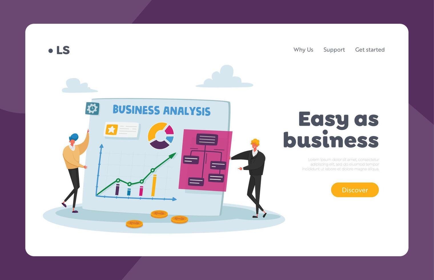 Data Analysis, Project Management Landing Page Template. Tiny Business People Characters at Huge Statistics Chart vector