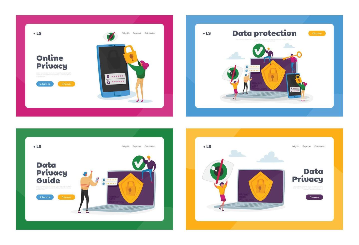 Privacy Data Protection in Internet, Virtual Private Network Landing Page Template Set. Tiny Characters at Huge Laptop vector