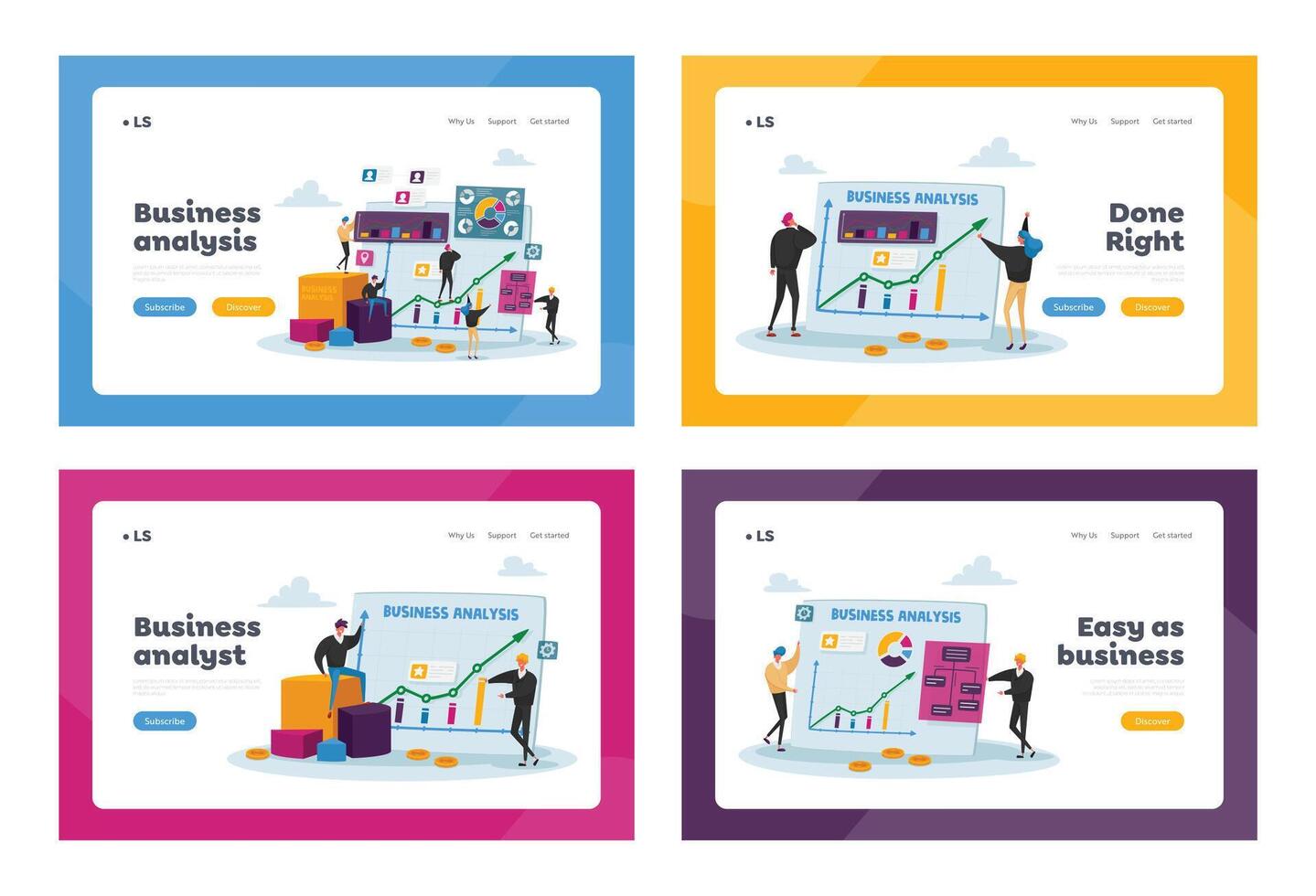 Business Analysis, Characters at Huge Monitor with Charts Landing Page Template Set. People Analyze Information Graphs vector