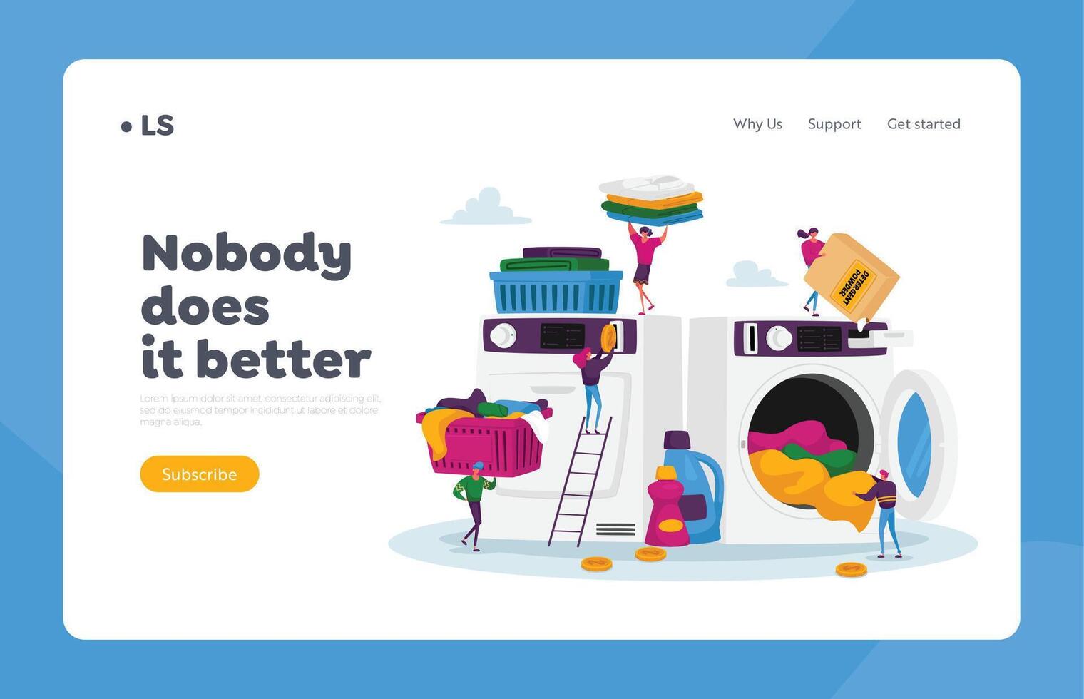 Tiny Characters Visiting LaundryLanding Page Template. People Loading Dirty Clothes to Huge Washing Machine, Launderette vector