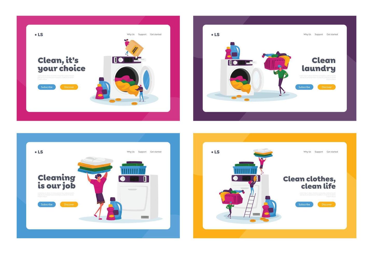 Tiny Characters Visiting Laundry Landing Page Template Set. People Loading Dirty Clothes to Washing Machine, Service vector