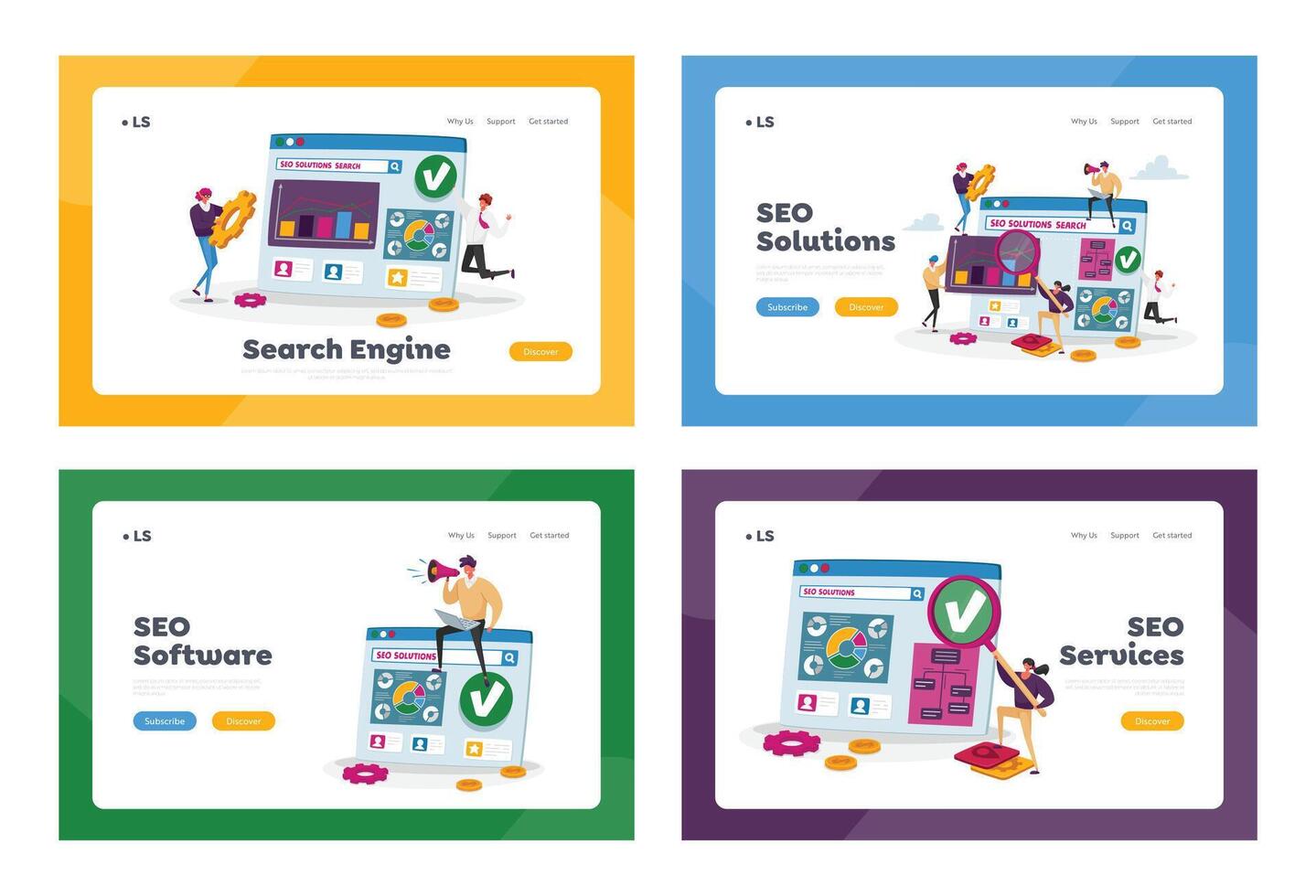 Seo Solutions, Business Data Analysis Landing Page Template Set. Tiny Characters Research Marketing Strategy, Analyzing vector