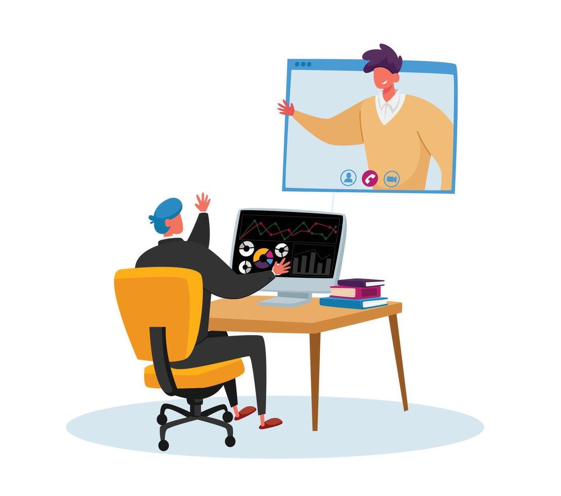 Office Worker Sit at Desk Chatting with Coworker via Webcam Conference on Computer Screen. Business Man Call vector