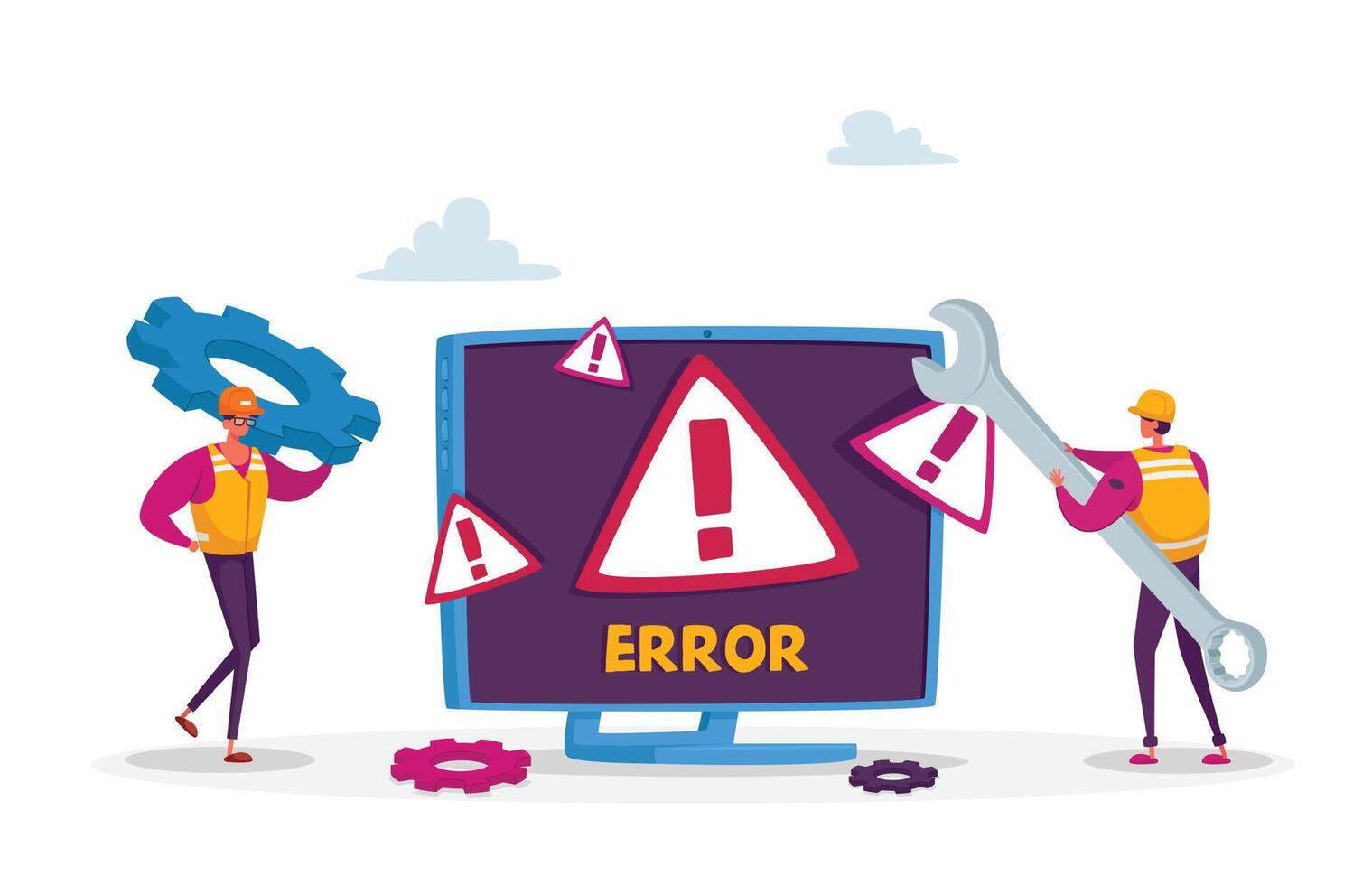 System Error, Website Under Construction. 404 Page Maintenance. Tiny Male Workers Characters in Uniform with Wrench vector