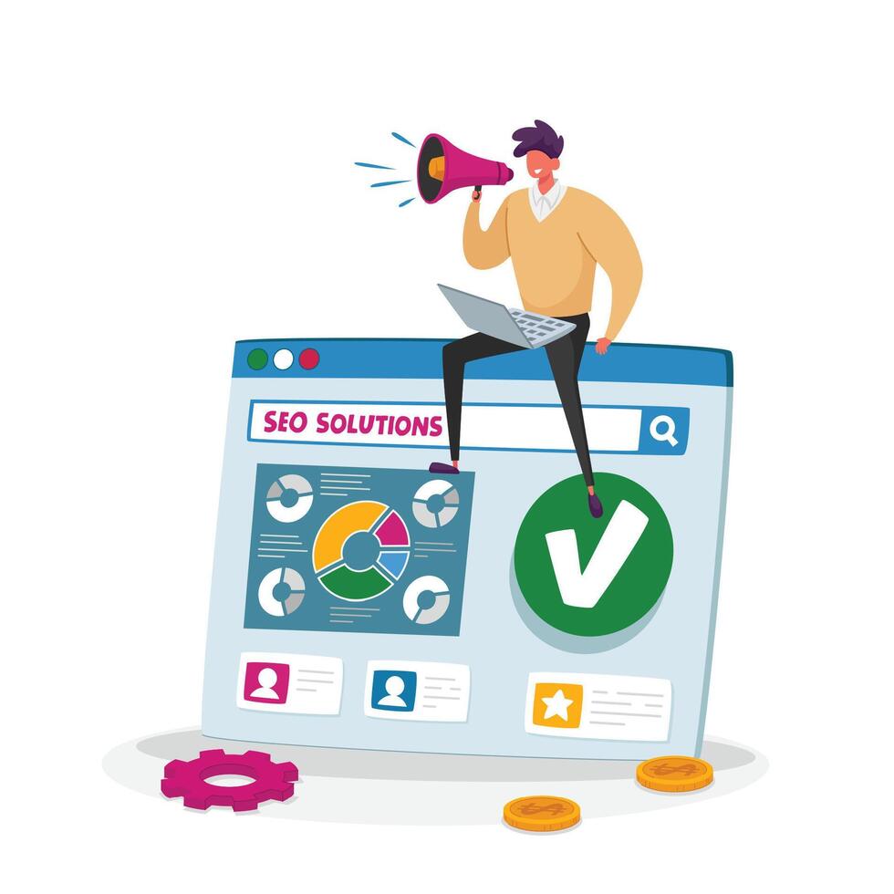 Seo, Search Engine Optimization, Business Data Analysis Concept. Marketing Analytics with Tiny Character Sit on Huge Pc vector