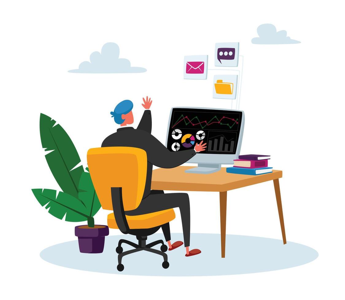 Business Man Character Trader Working on Computer Sell and Buy Currency, Precious Metals and Bonds on Stock Market vector