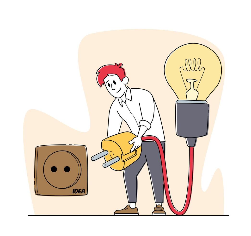 Business Man Work on Project Searching for Creative Idea. Male Character Switch on Plug into Socket for Huge Light Bulb vector