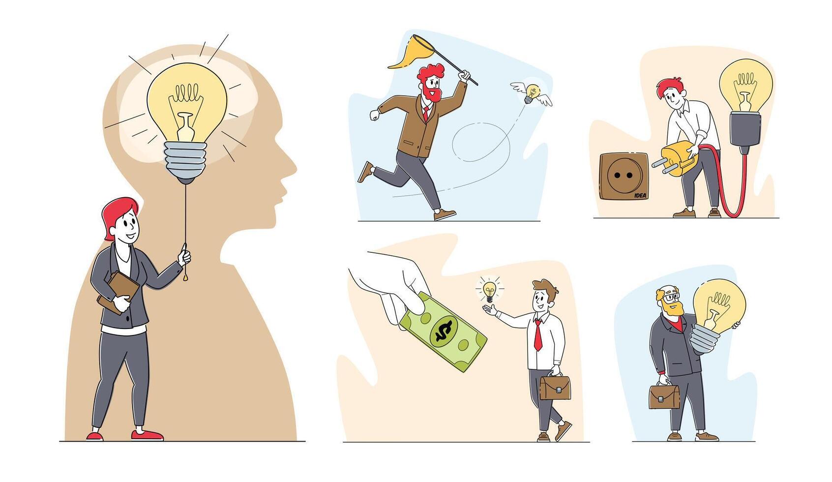 Set of Business Characters and Creative Idea Concept. Business People with Huge Illuminated Light Bulb or Lamp in Hands vector