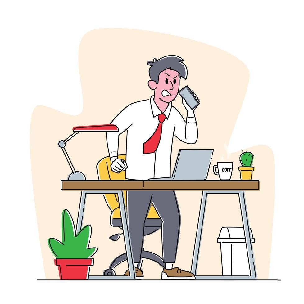 Angry Business Man with Red Face Speaking by Smartphone in Office with Work Desk and Computer. Office Worker with Phone vector