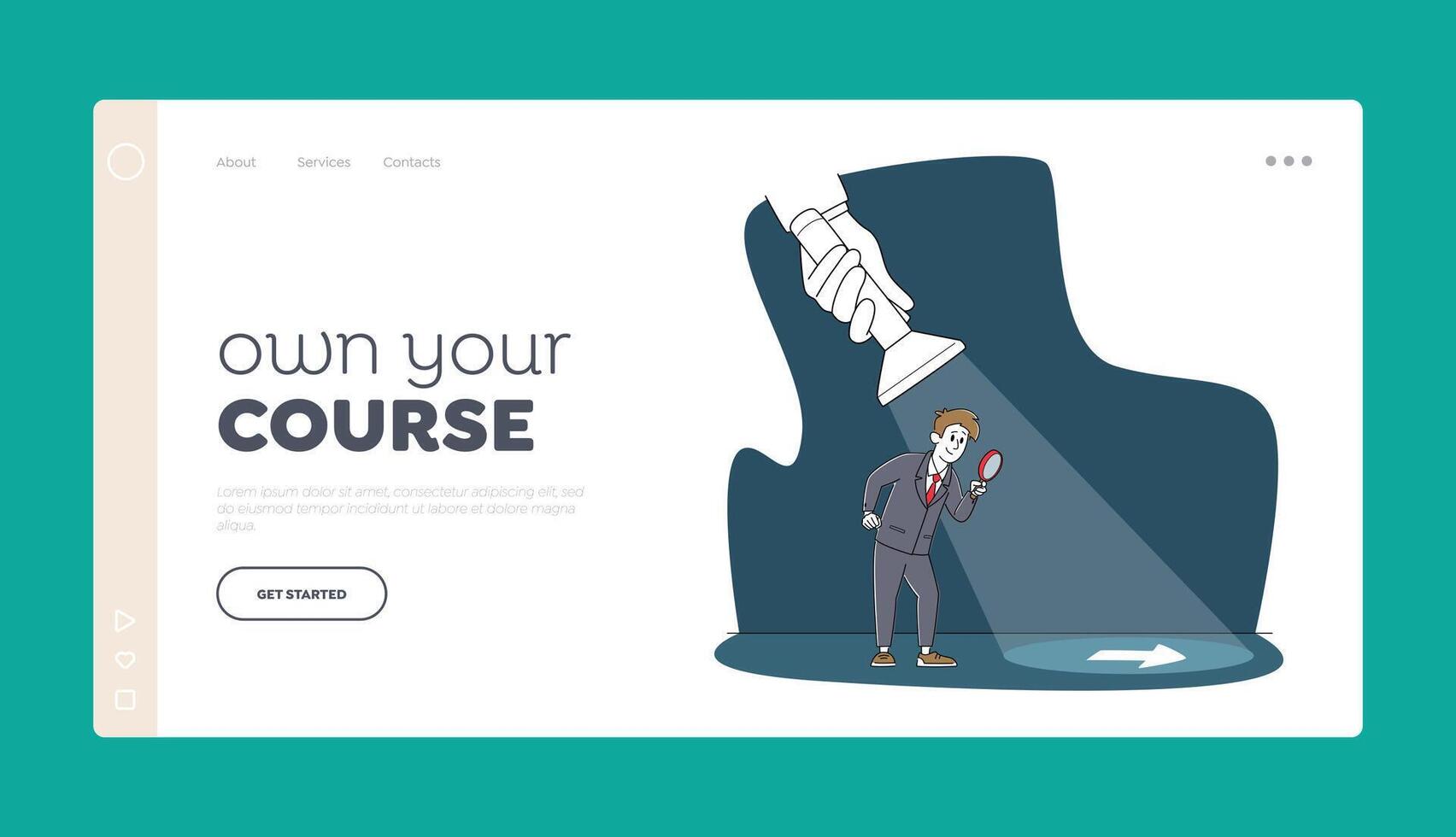 Choose Correct Way, Guidance Landing Page Template. Businessman with Magnifying Glass Guided by Huge Flashlight Beam vector