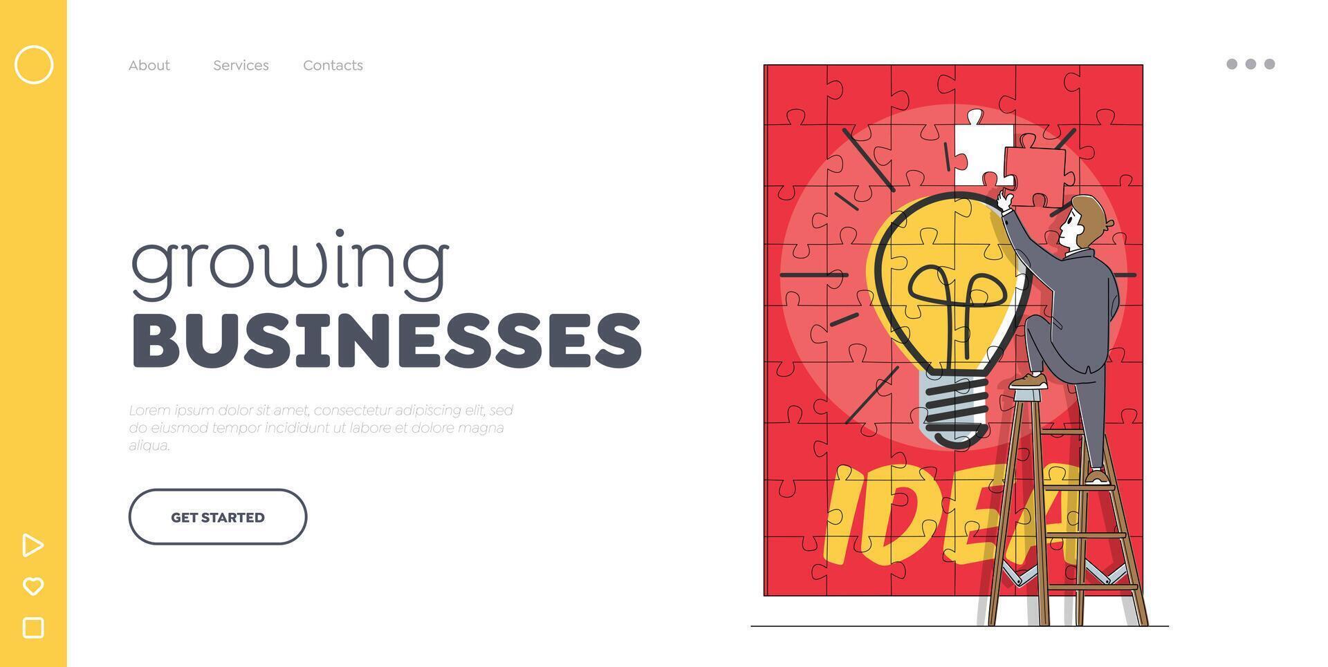 Task Solution and Problem Solving Landing Page Template. Business Man Assemble Huge Puzzle Pieces with Light Bulb Idea vector