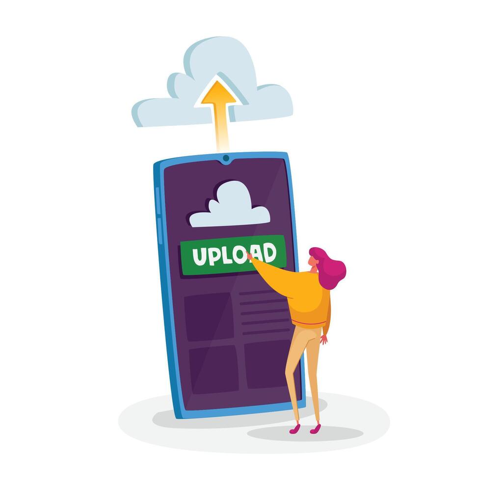 Cloud Hosting Concept. Tiny Female Character Upload File Push Button at Huge Smartphone Sreen, Virtual Storage vector
