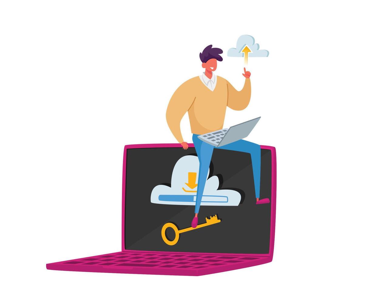 Tiny Male Character Sitting on Huge Laptop with Cloud and Key on Screen. Virtual Storage, Computing Technology Concept vector
