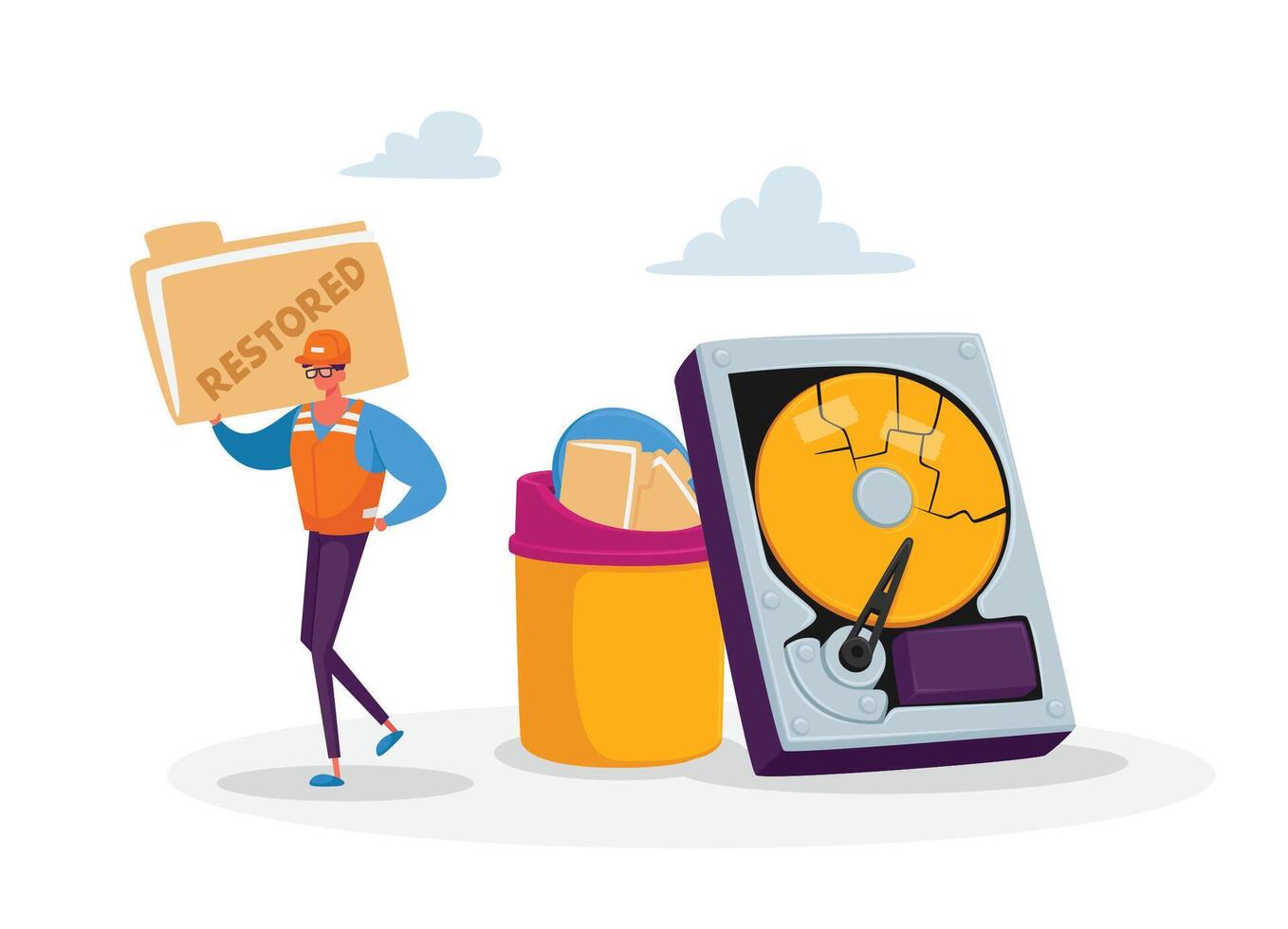 Data Recovery Service, Backup and Protection, Hardware Repair Concept. Tiny Male Character in Worker Uniform and Helmet vector