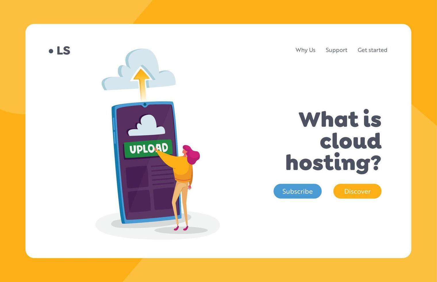 Cloud Hosting Landing Page Template. Tiny Character Upload File Push Button at Huge Smartphone Screen, Virtual Storage vector