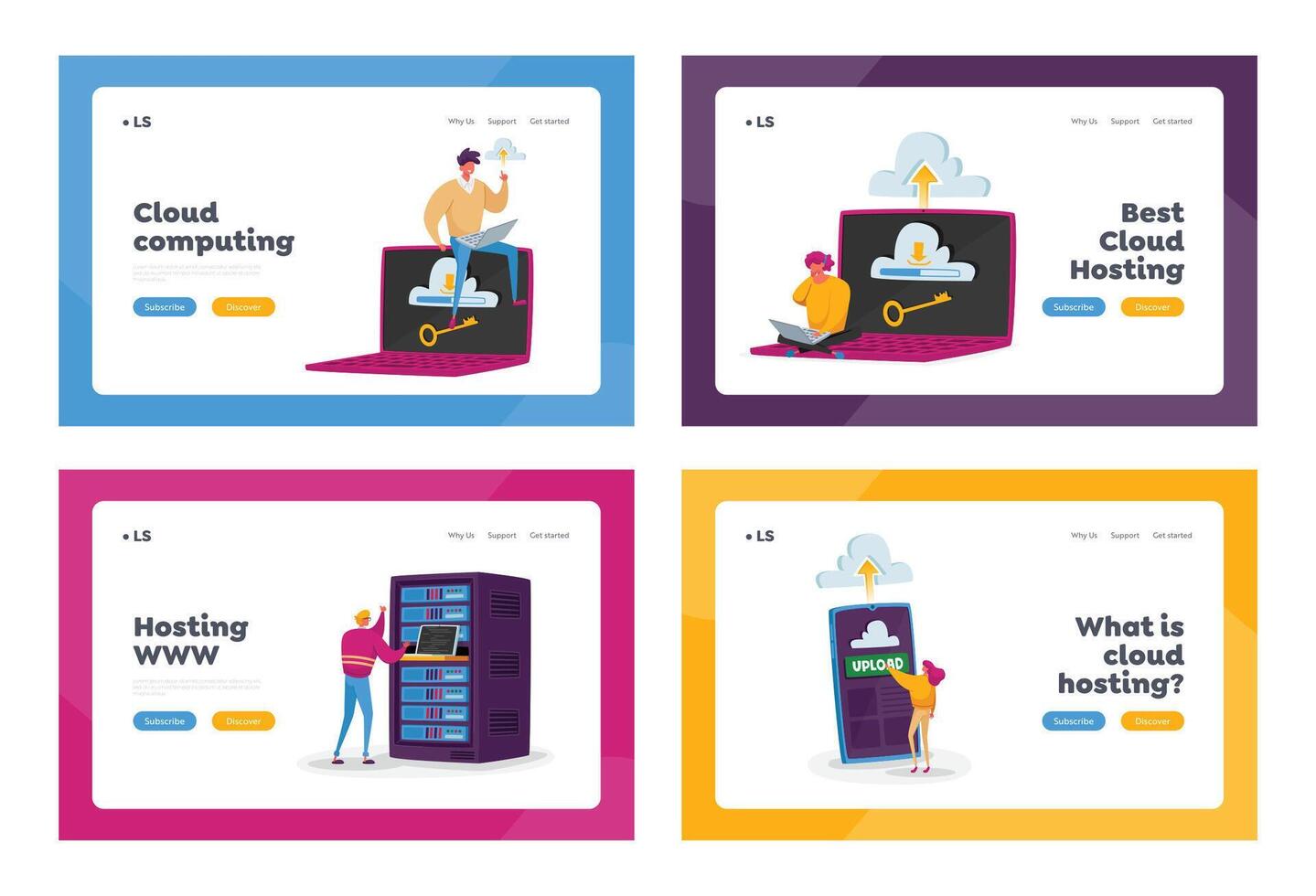 web hospedaje aterrizaje página modelo colocar. minúsculo caracteres a enorme computadora portátil, teléfono o servidor equipo. web programación vector