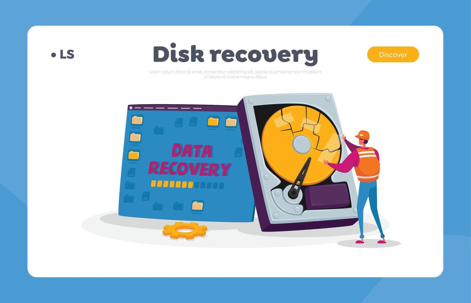 Backup, Data Recovery and Protection Service, Hardware Repair Landing Page Template. Tiny Character Fix Broken Computer vector