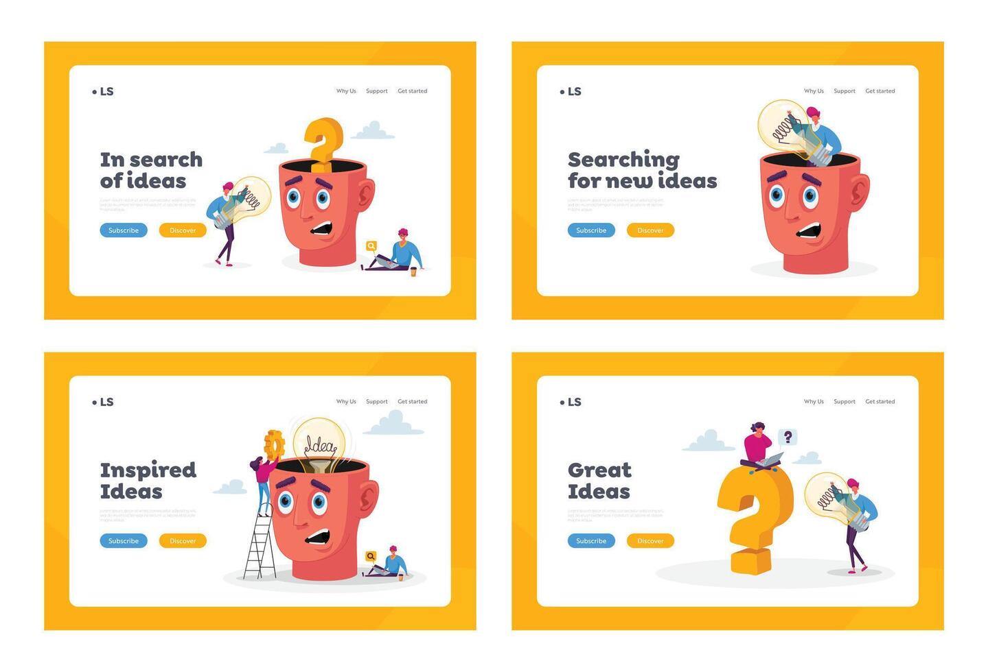 Teamwork, Idea Research Landing Page Template Set. Tiny Characters around Huge Head with Light Bulb. Search Insight vector