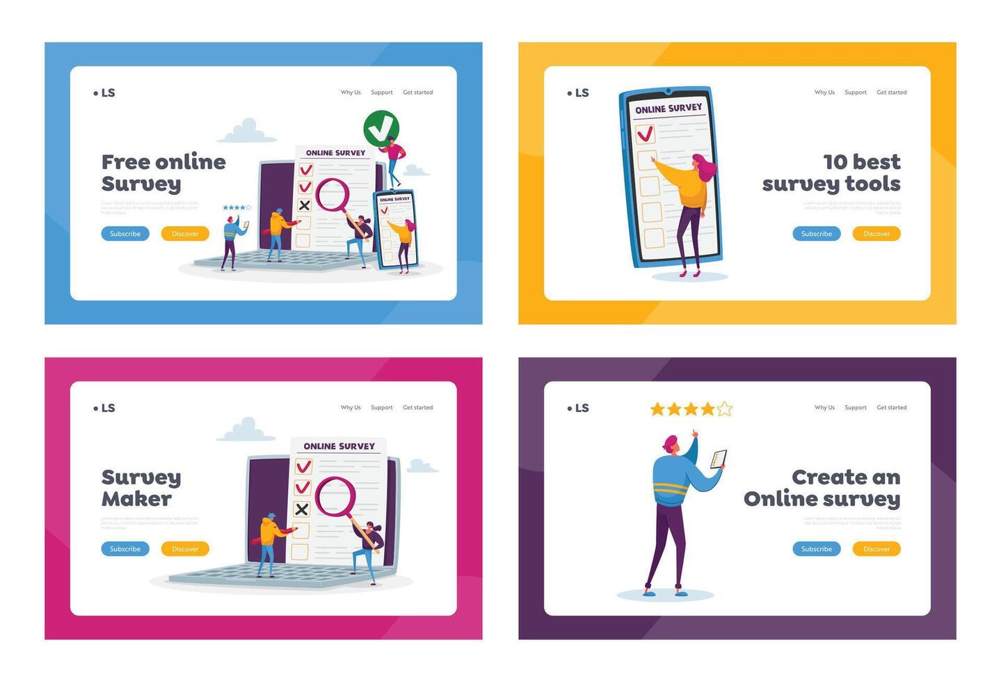 Online Survey Landing Page Template Set. Tiny Characters Filling Digital Form on Huge Laptop and Smartphone Application vector