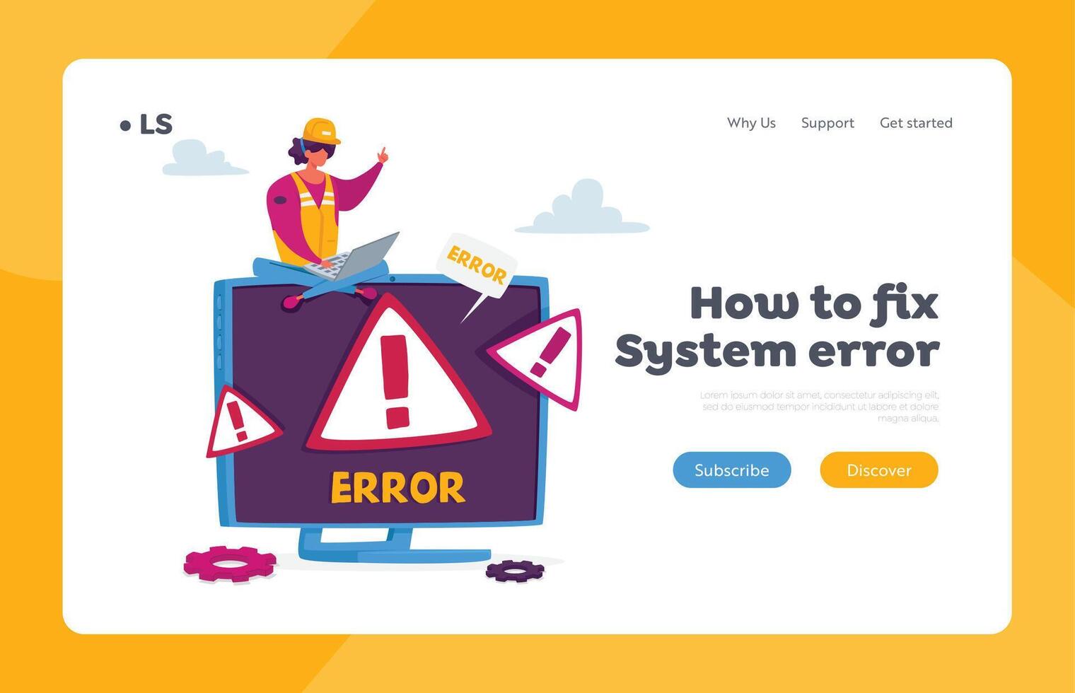 Site under Construction, Client Support, Help Landing Page Template. Tiny Female in Worker Uniform, System Error vector