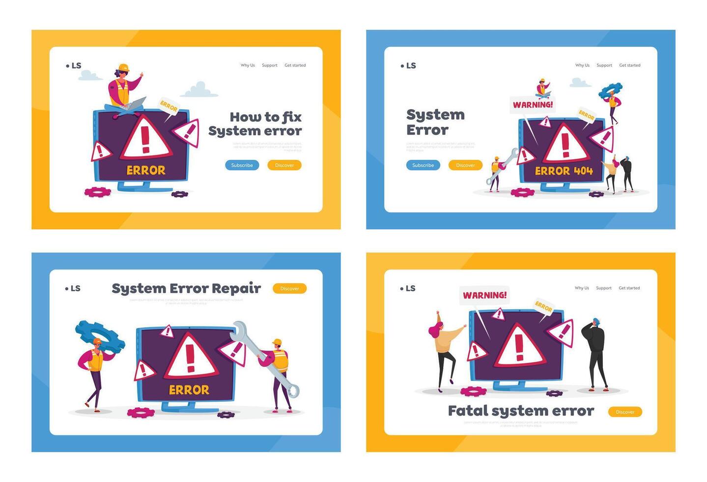 Site Under Construction Landing Page Template Set. Website Error 404 Page with Tiny Characters Holding Tools for Repair vector