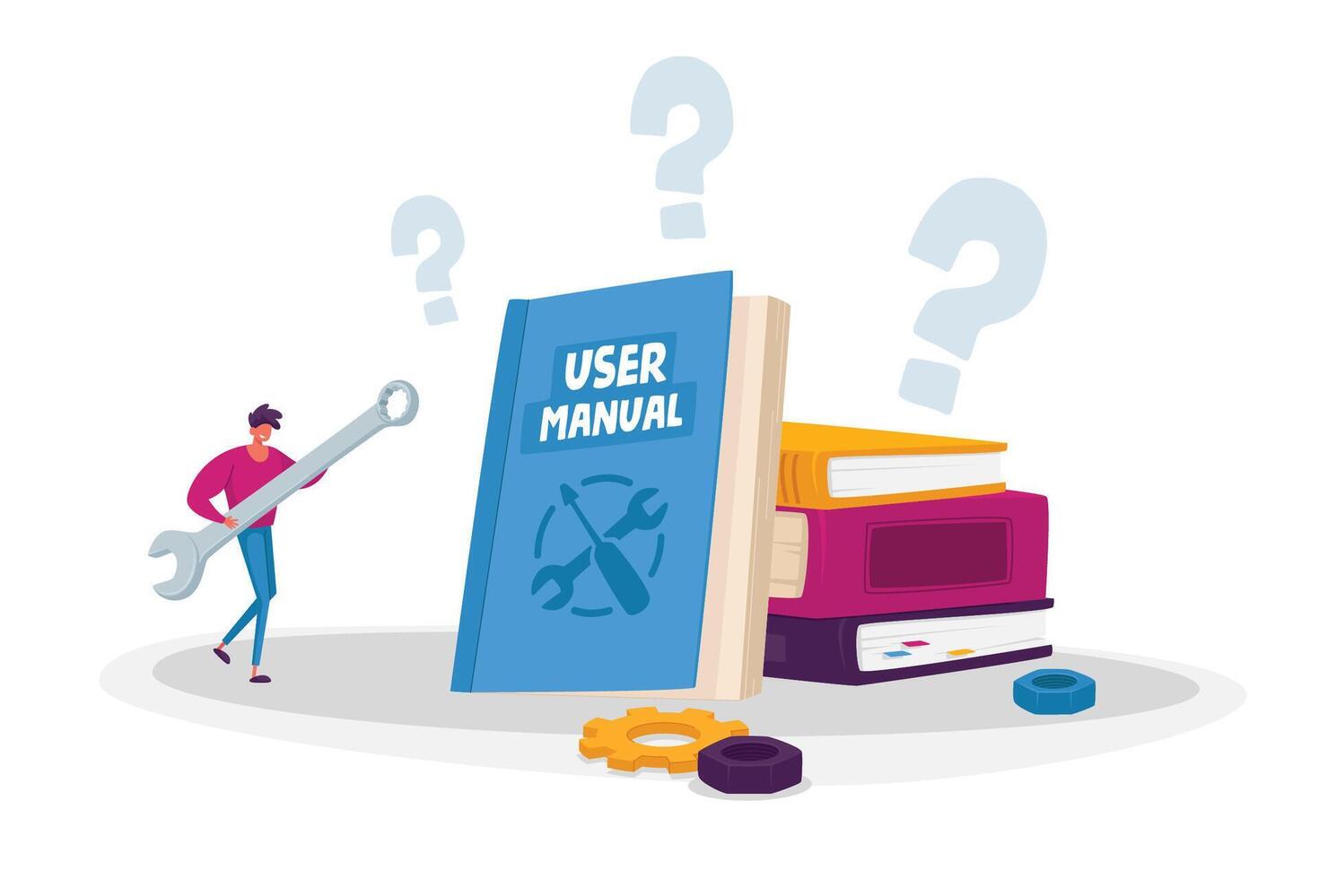 Tiny Male Character with Huge Spanner Reading User Manual Booklet, Document Specification Requirements vector