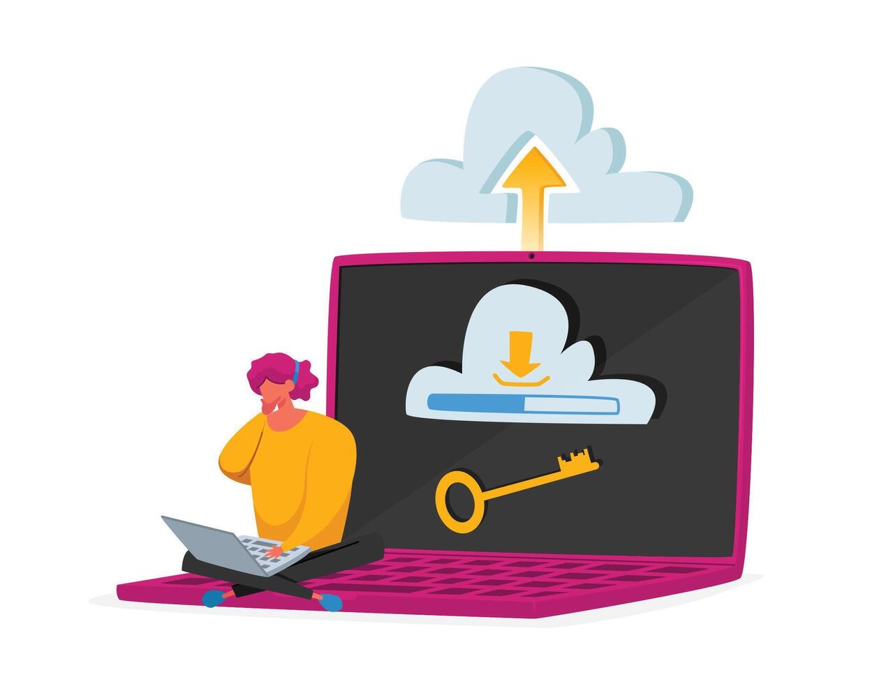Web and Cloud Hosting Concept. Tiny Female Character Sit on Huge Laptop with Key on Screen. Virtual Storage, Computing vector