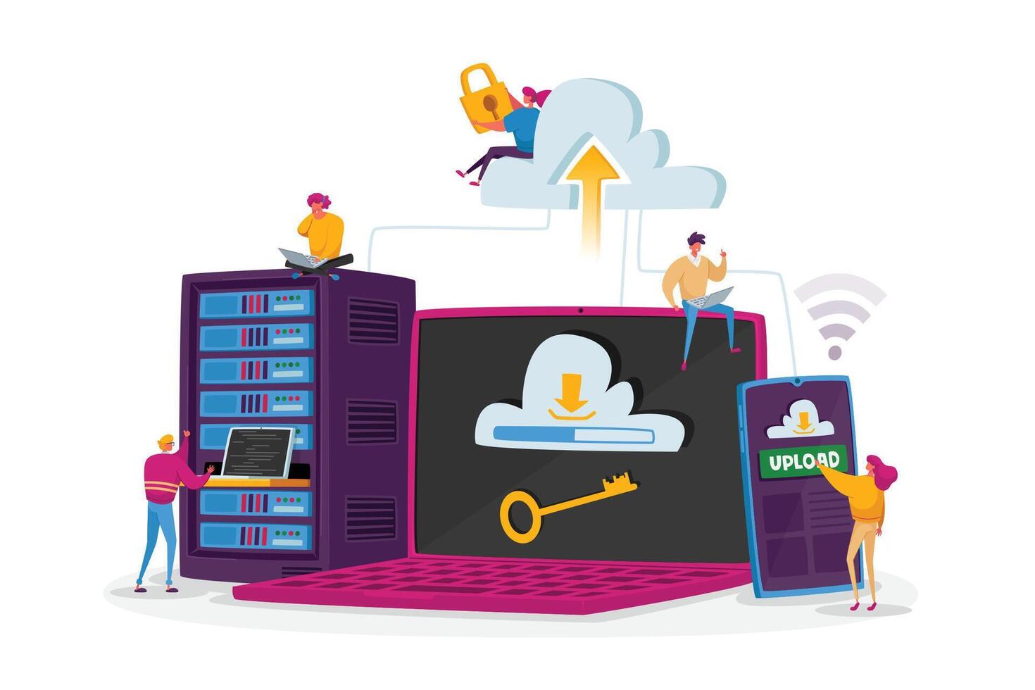 minúsculo caracteres a enorme computadora portátil, teléfono y servidor equipo. web hospedaje concepto. web programación, desarrollo vector