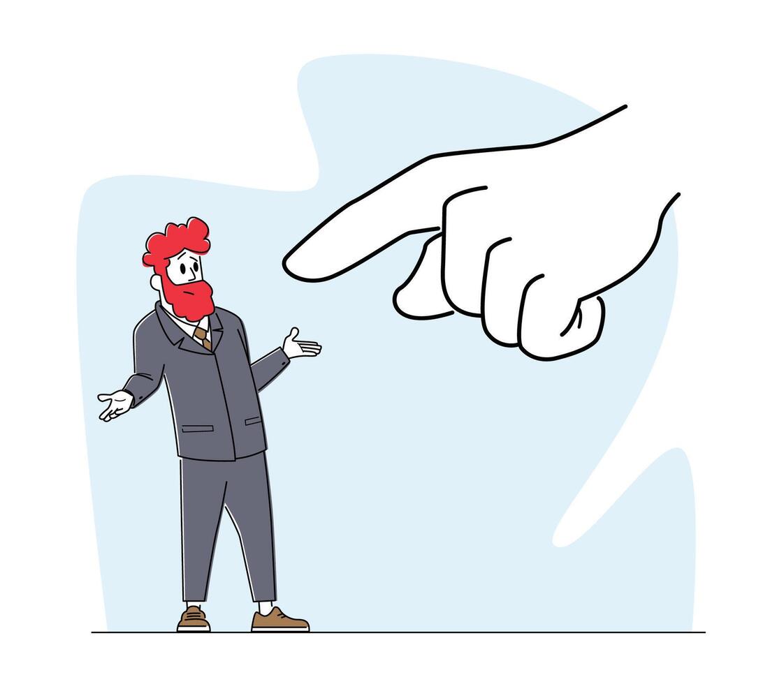 Confused Businessman is Blamed with Huge Hand Pointing on him with Index Finger. Business Man Character Job Burdens vector