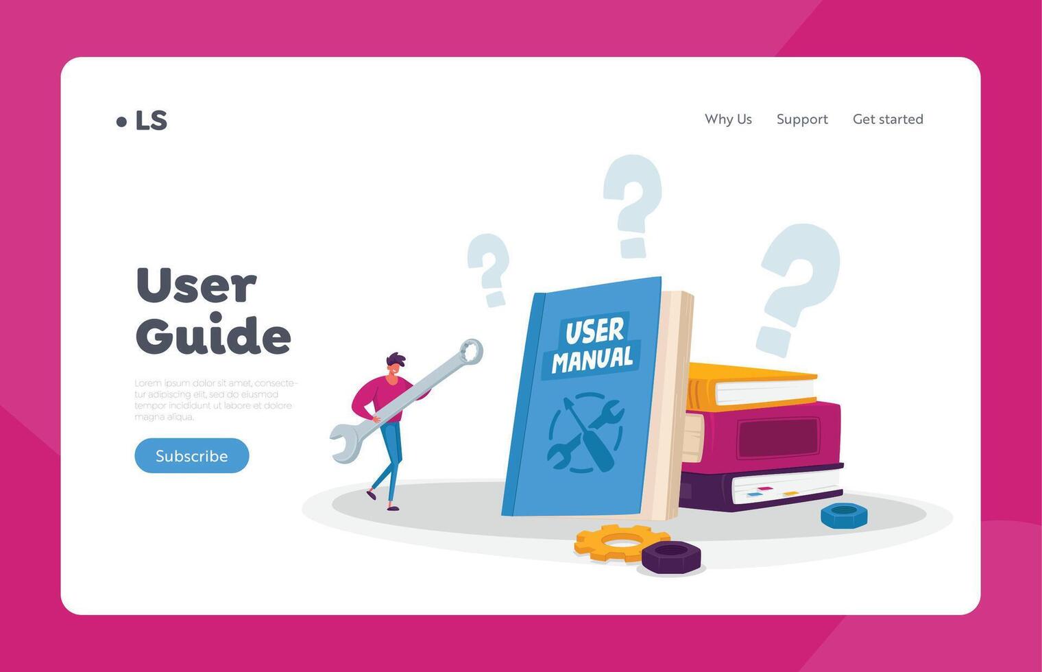 Instruction for User Landing Page Template. Tiny Male Character with Huge Spanner Reading User Manual Booklet, Document vector