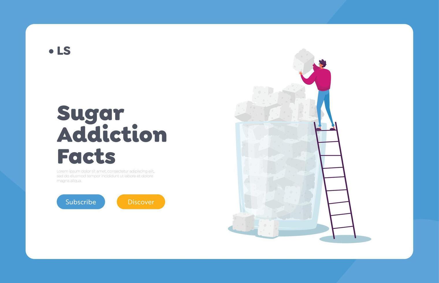 Sugar Addiction, Overdose Glucose Eating Problem Landing Page Template. Tiny Male Character Put Sugar Cube on Top vector