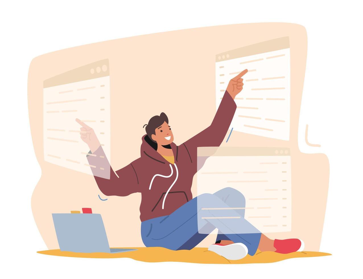 hombre programador o gui diseñador personaje trabajando en computadora con interactivo interfaz pantallas desarrollar web sitio página vector