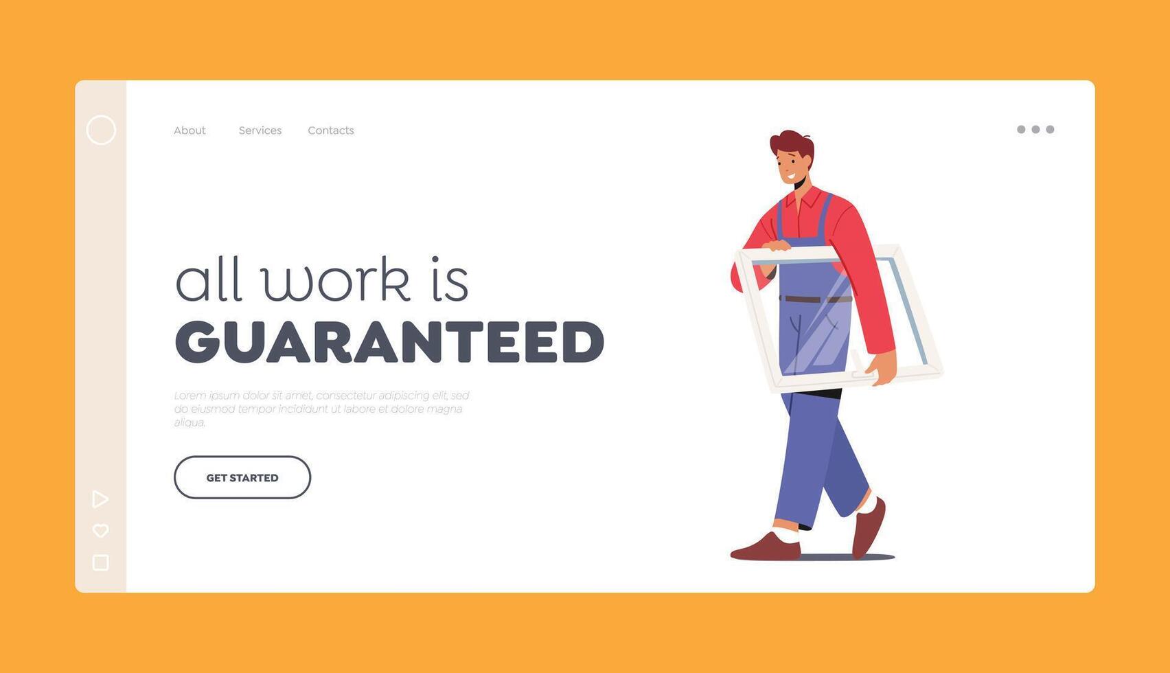 Home Renovation Landing Page Template. Worker in Overalls Carry Glass in Frame, Installing Plastic Window in Apartments vector