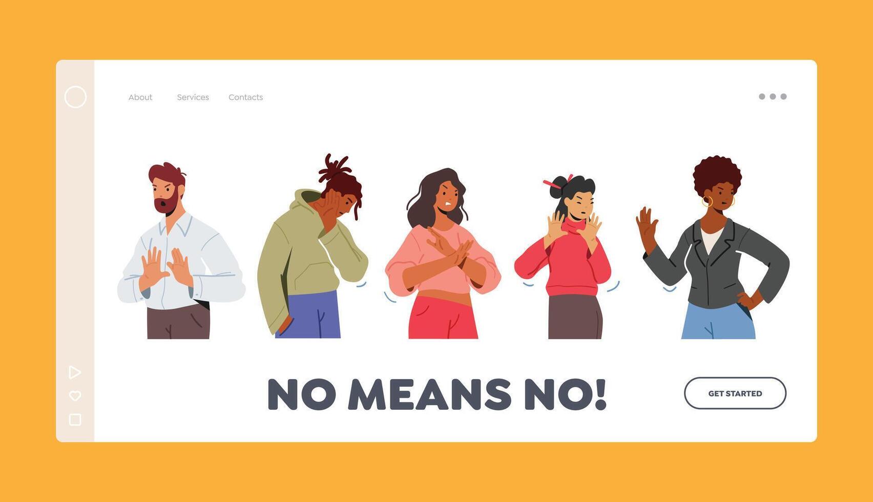 No Means No Landing Page Template. Multiracial Characters Showing Refusal or Stop Gesture People Expressing Emotions vector