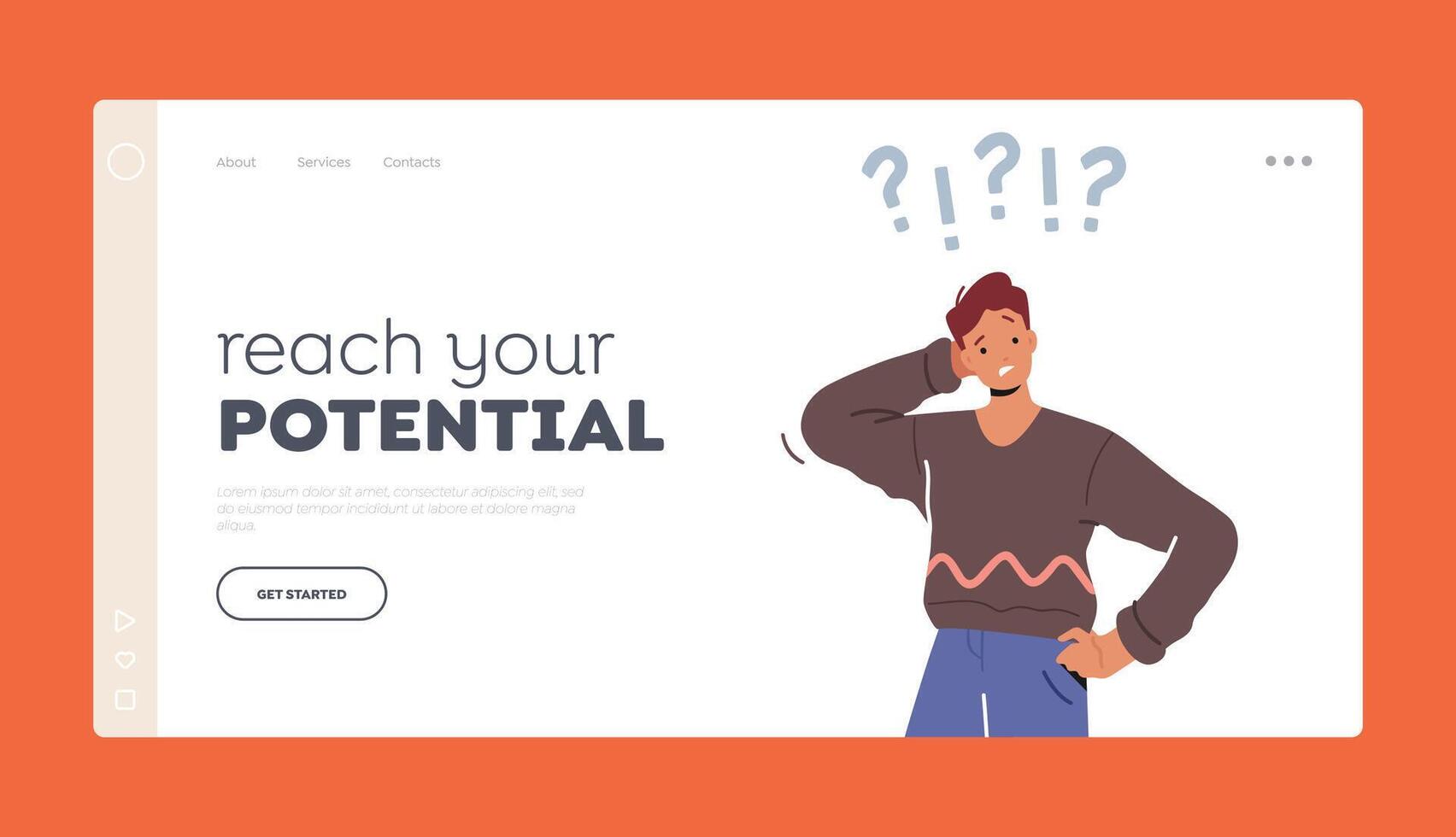Reach your Potential Landing Page Template. Young Man Scratching Occiput with Question and Exclamation Marks above Head vector