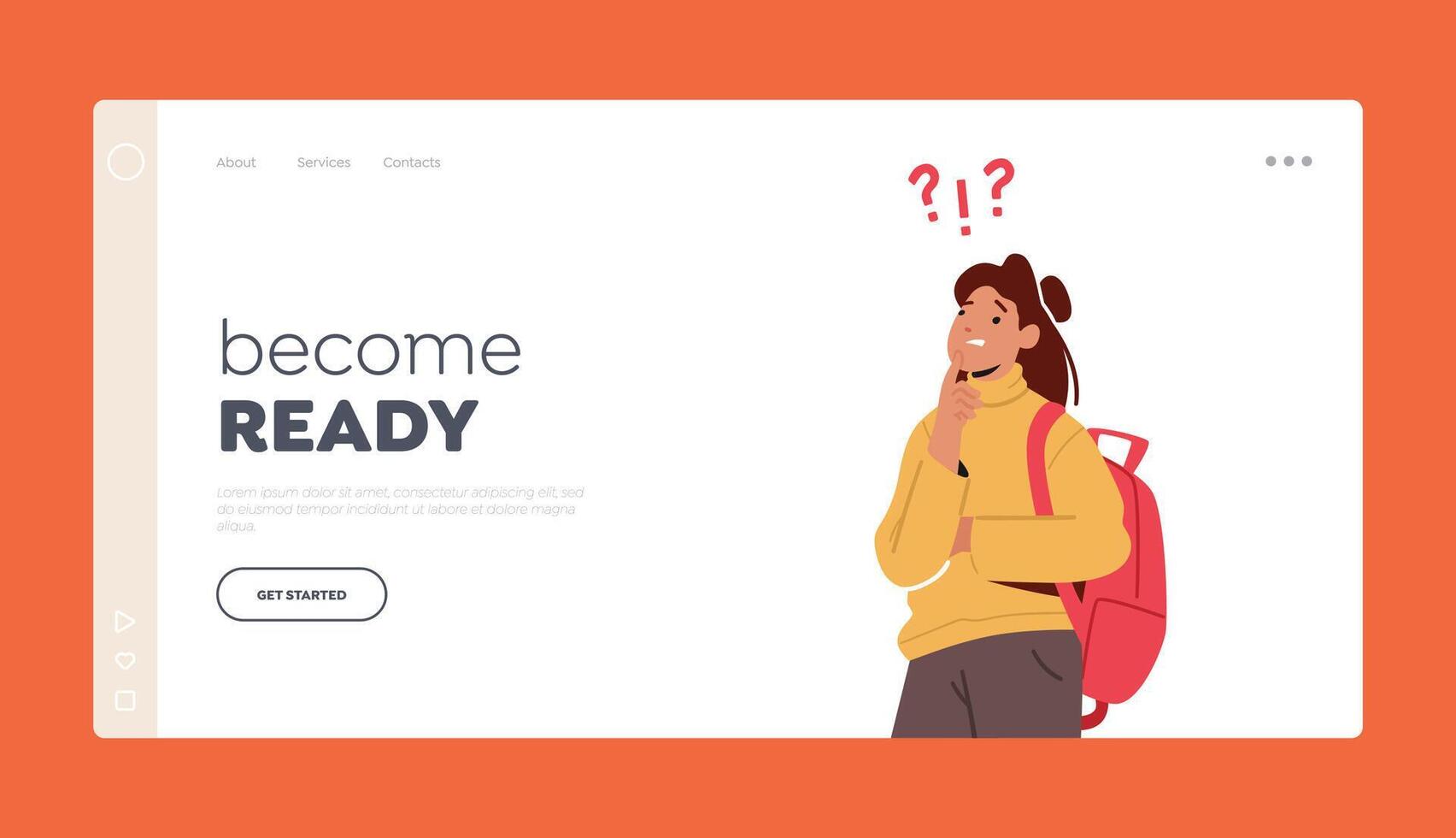 Doubts and Confusion Landing Page Template. Female Character Stand Under Question Mark Thinking Woman Solving Problem vector