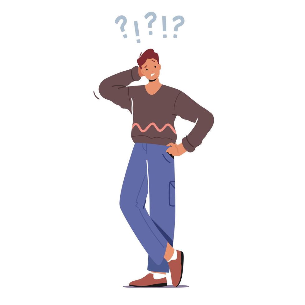 Young Man Scratching Occiput with Question and Exclamation Marks above Head Isolated on White Background vector