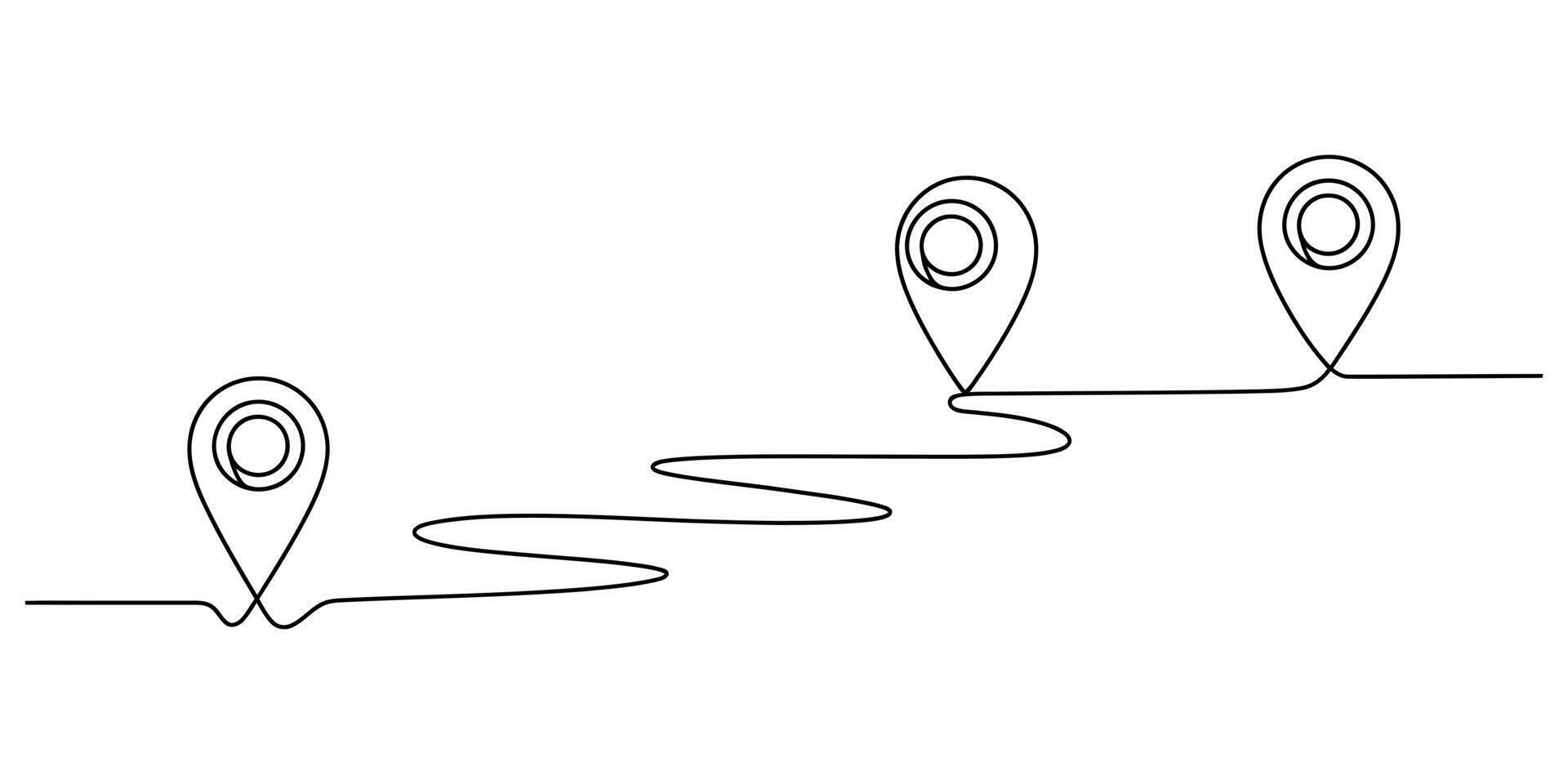 Continuous line art of a journey route with multiple location pins vector